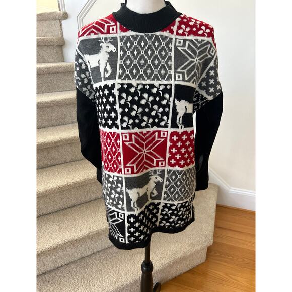 Vintage 90s Black, Red & Grey Reindeer Snowflake Patchwork Sweater - Picture 1 of 5